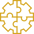 Yellow gear and puzzle piece logo